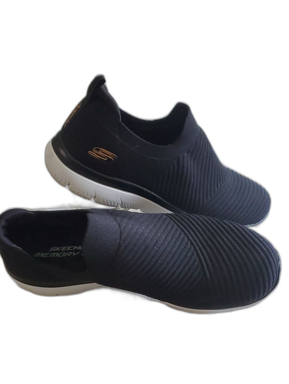 Skechers Black Slip-On Knit Sneaker Shoe with White Sole and Gold Logo